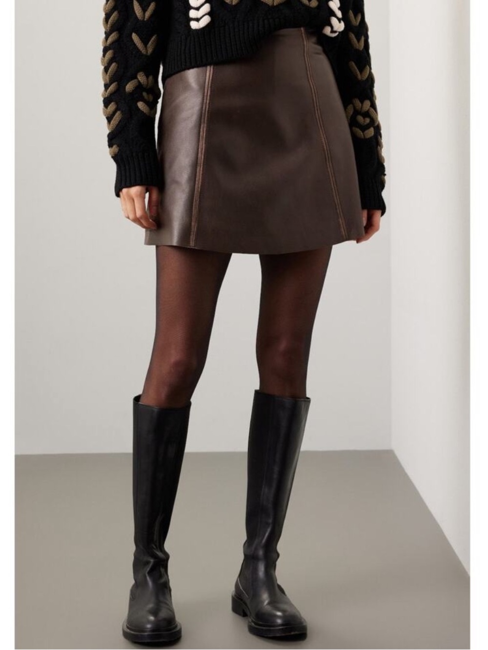 Veda Dark Brown Leather Mini Skirt with Panel Seams